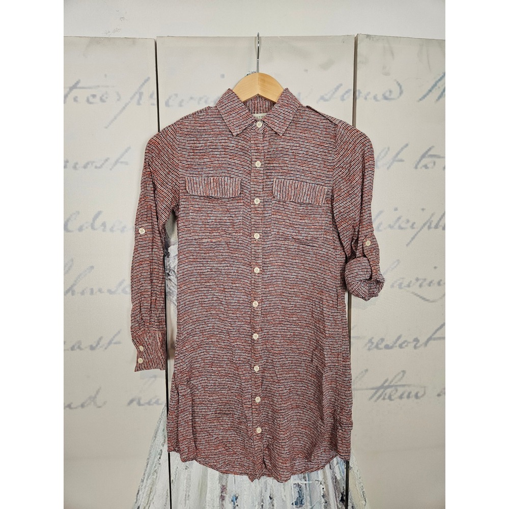 Anthropologie 11.1 Tylho Red Striped Roll Tab Sleeve Button Front Shirt Dress XS